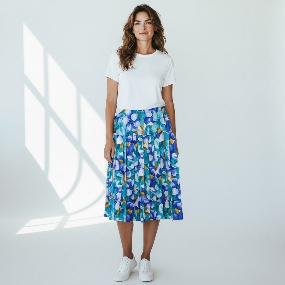 Vintage Pleated Skirt Size 14 Blue Floral Short Cottagecore Drop Waist Pull On